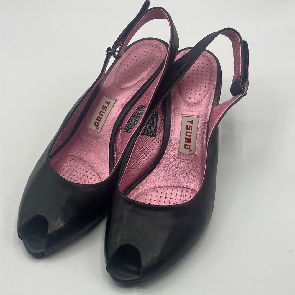 Tsubo Black and Pink Peep Toe Slingback Heels